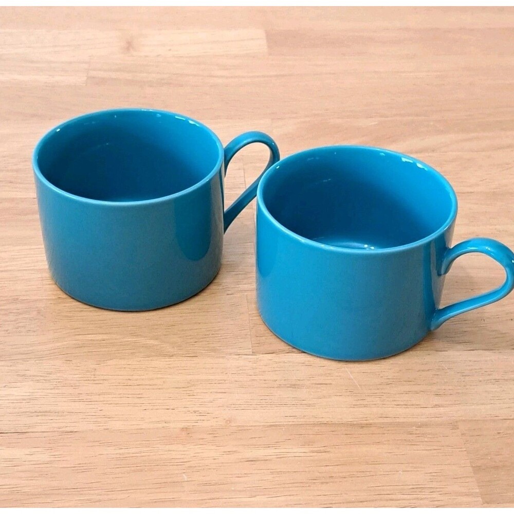 2 Crate & Barrel Teal Blue Small Coffee Cups Mugs Porcelain